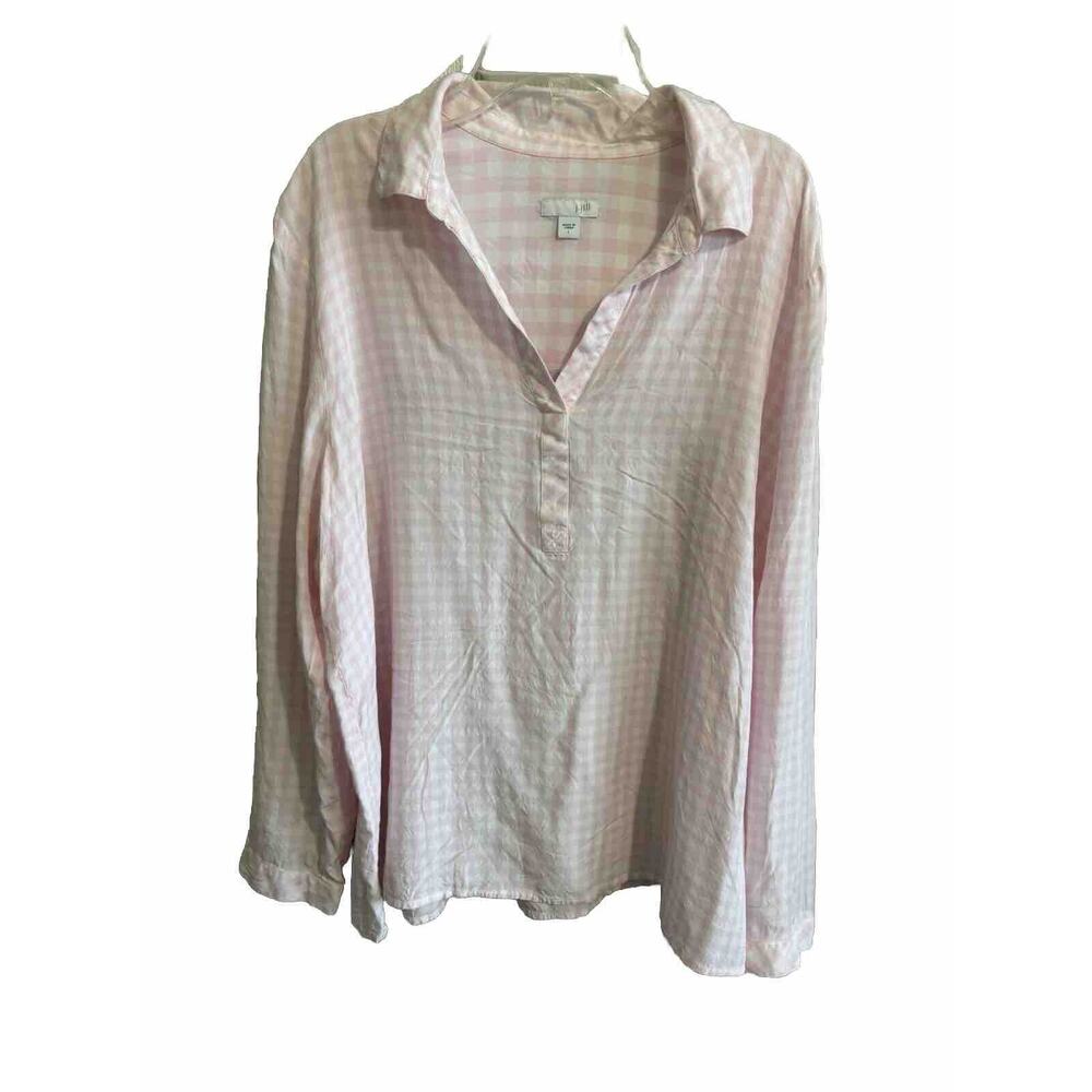 J Jill Top Shirt Pink‎ and White Check Large Long Sleeve Button Up (b)